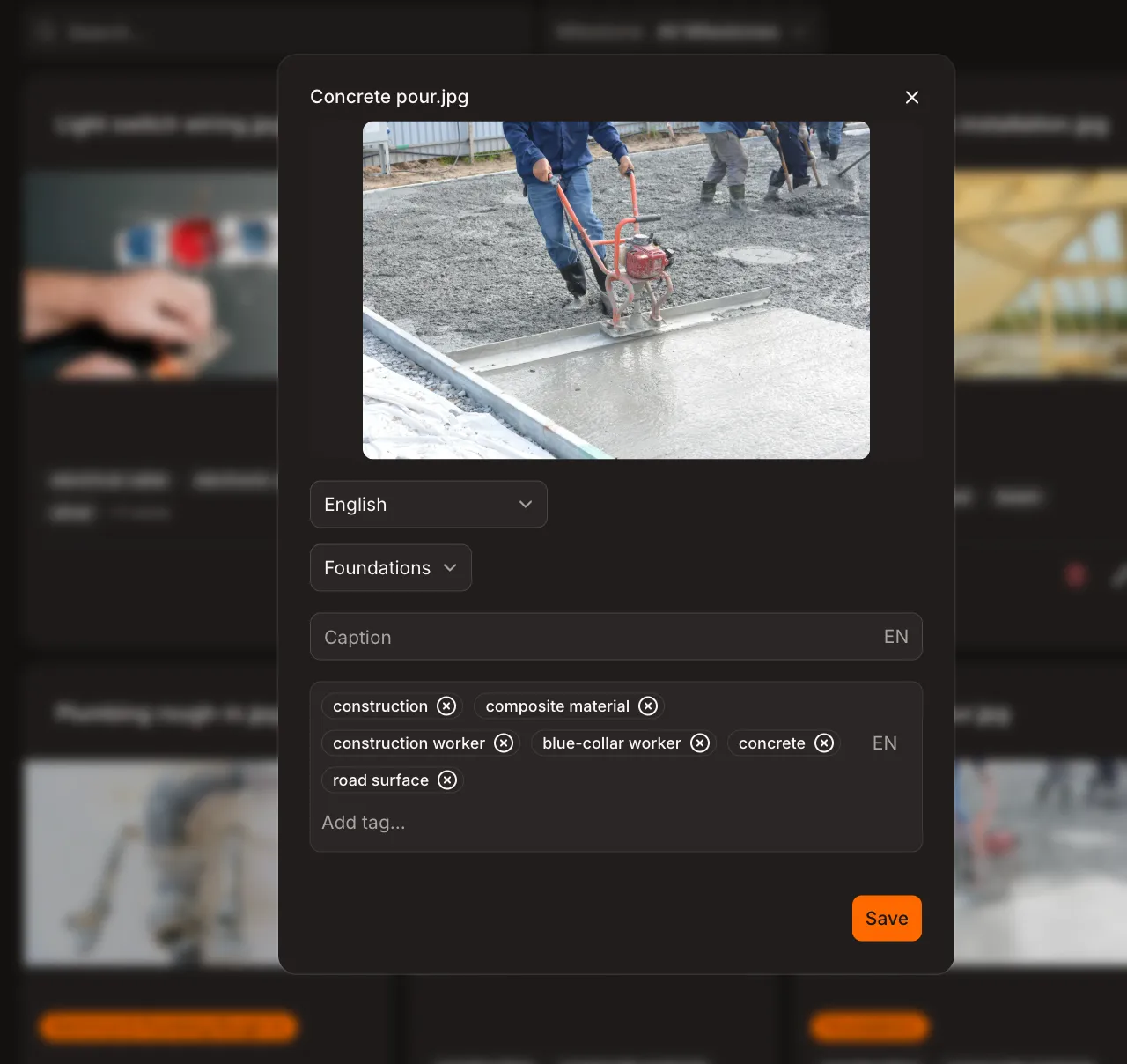 Detail view of a site photo showing editable AI-generated tags